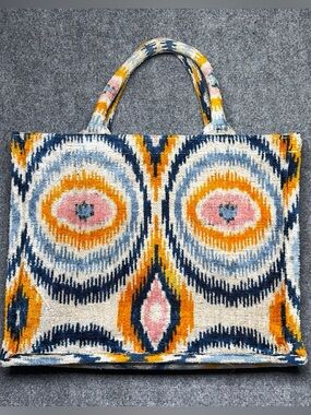 Ikat-Pattern Tote Bag in Blue, Yellow & Pink
